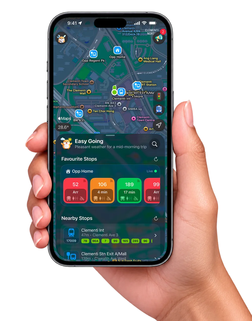 A hand holding an iPhone running Bustro: a map of Clementi with saved stops pinned, and a sheet below listing live arrivals for Opp Home — bus 52 arriving, 106 in 4 minutes, 189 in 17 minutes.