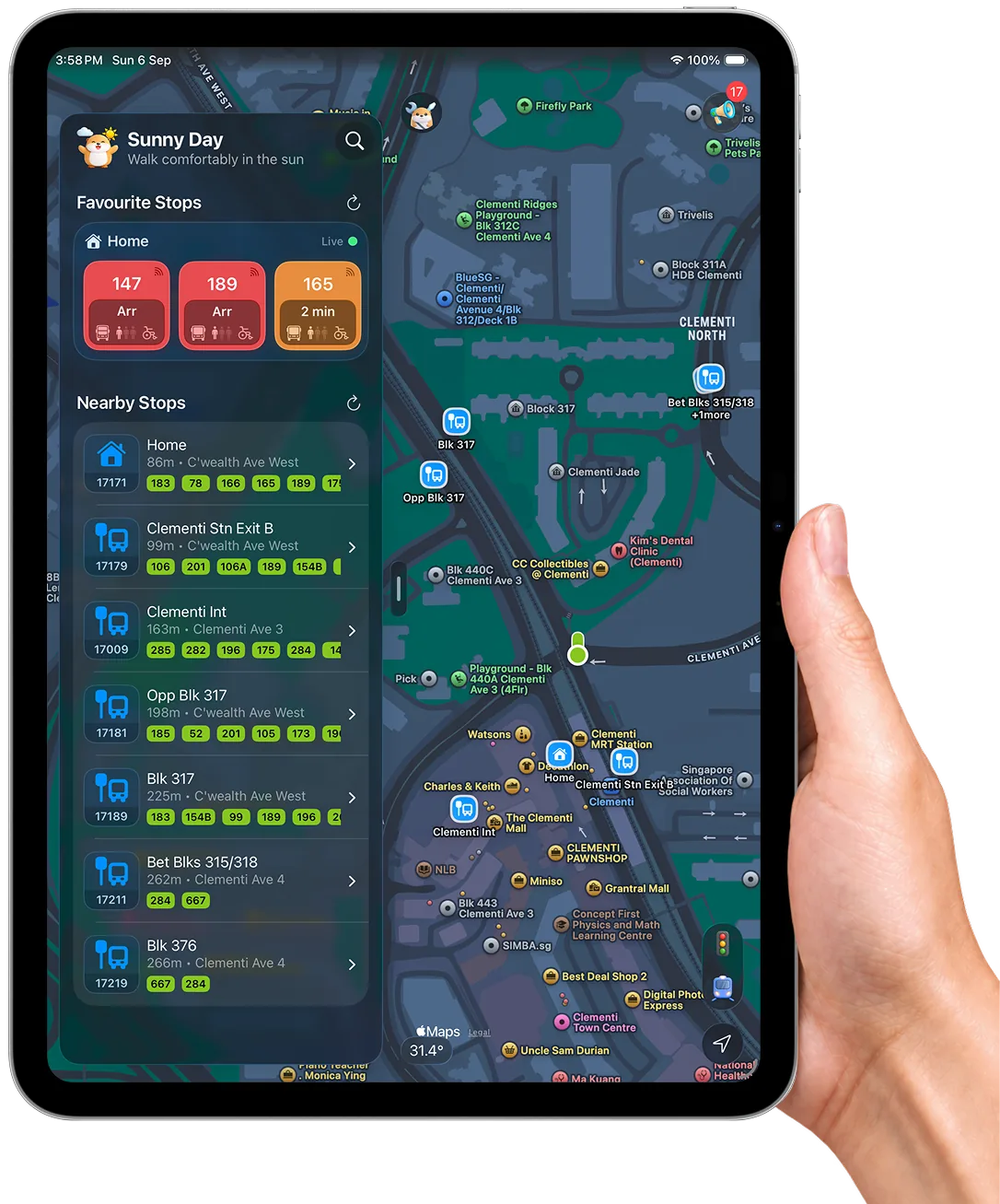 A hand holding an iPad running Bustro: a side panel listing Home and six nearby Clementi stops with their bus numbers, and a live map of Clementi beside it.