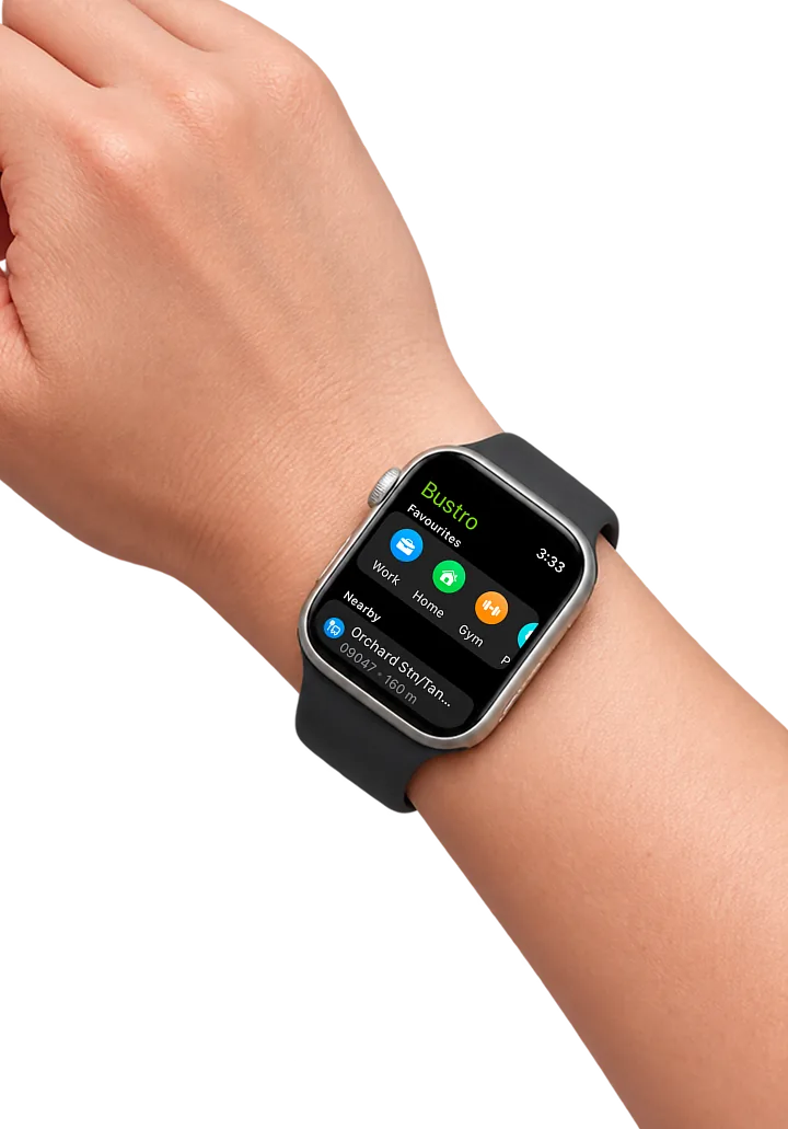 An Apple Watch on a wrist running Bustro: favourite stops for Work, Home and Gym as coloured buttons, and Orchard Stn/Tang Plaza 160 m away under Nearby.